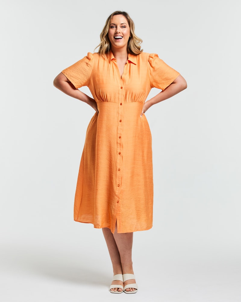 Front of a model wearing a size 1X Ibiza Dress in Orange by Estelle. | dia_product_style_image_id:250961